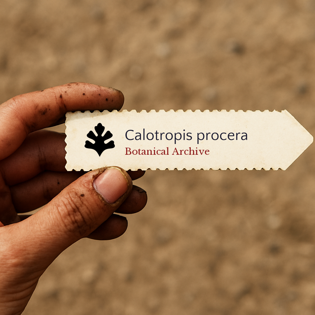 Printed plant label for Calotropis procera held by hand with dirt background