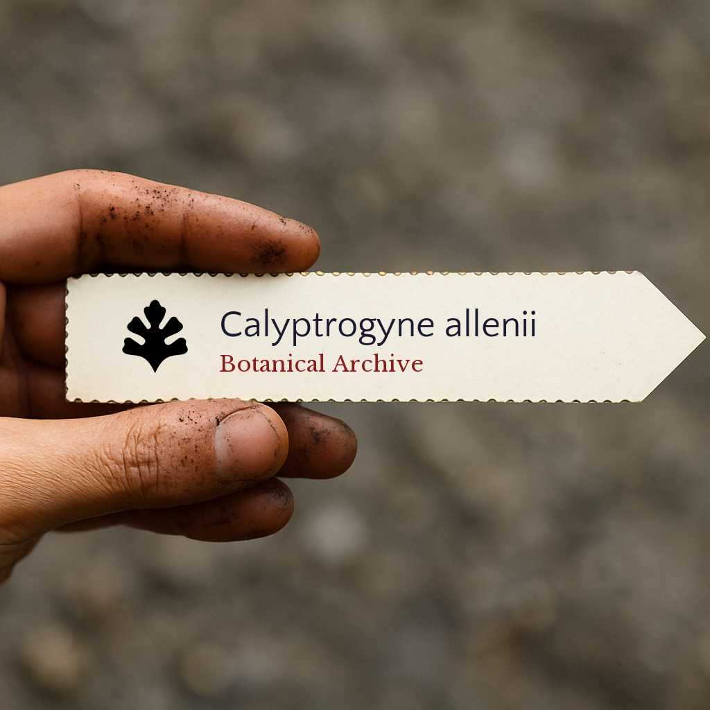 Printed plant label for Calyptrogyne allenii held by dirty hand outdoors