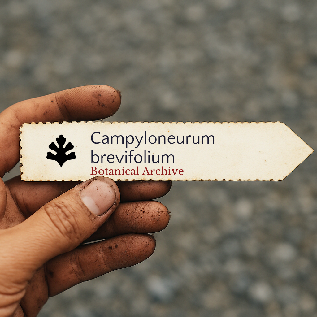 Printed plant label for Campyloneurum brevifolium held by dirty hand outdoors
