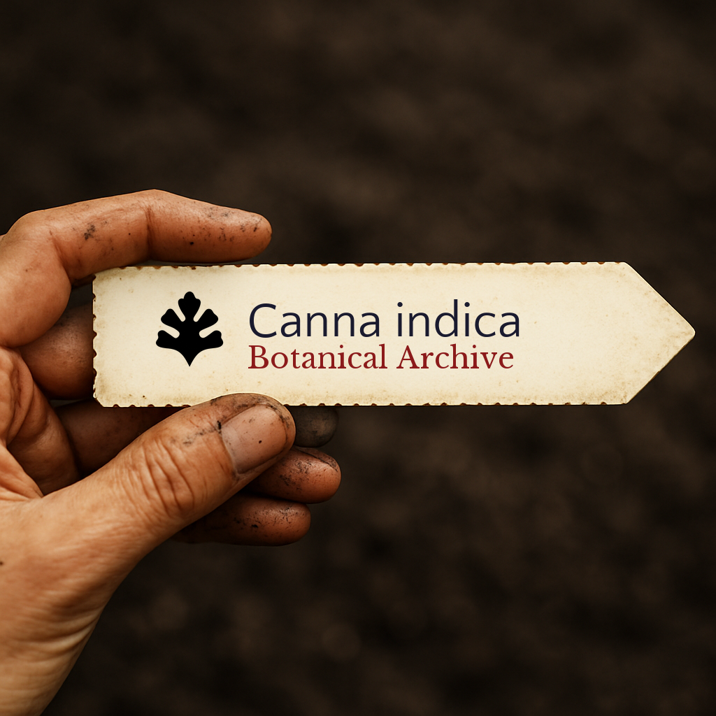 Etichetta stampata per pianta di Canna indica tenuta a mano con sfondo di terra