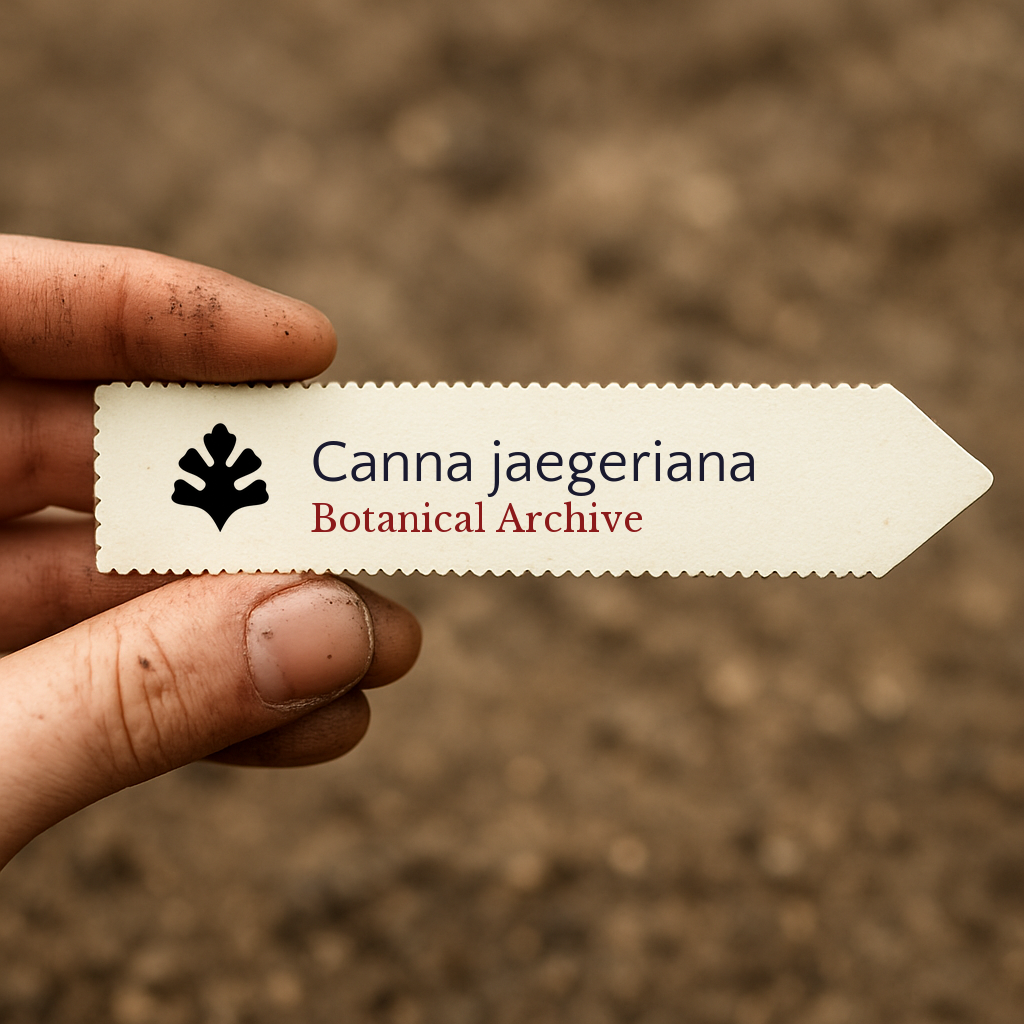 Printed plant label for Canna jaegeriana held by hand over soil background