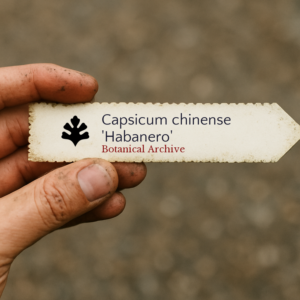 Etichetta stampata per pianta di Capsicum chinense 'Habanero' tenuta in mano con sfondo di terra