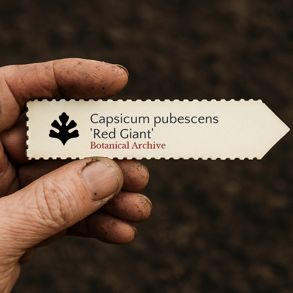 Printed plant label for Capsicum pubescens 'Red Giant' held by dirty hand outdoors
