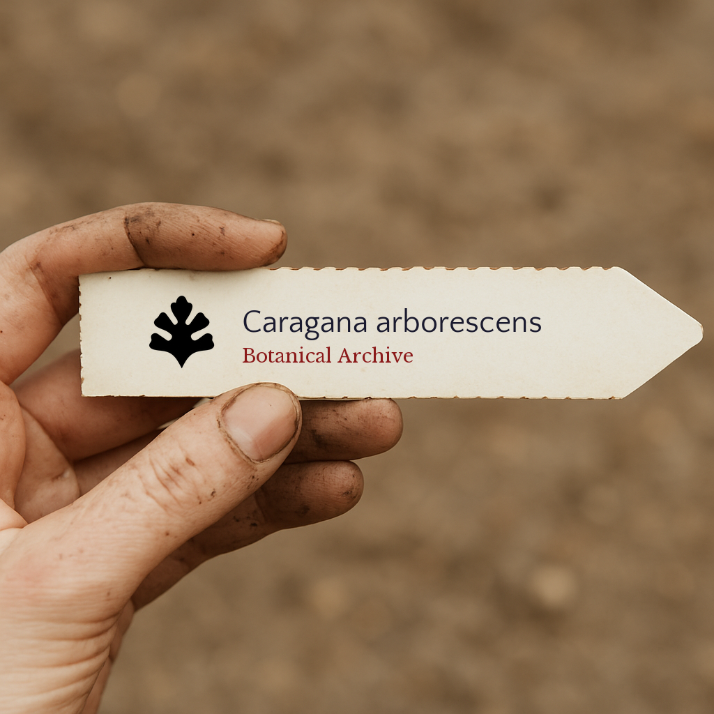 Etichetta stampata per pianta di Caragana arborescens tenuta da una mano sporca all'aperto