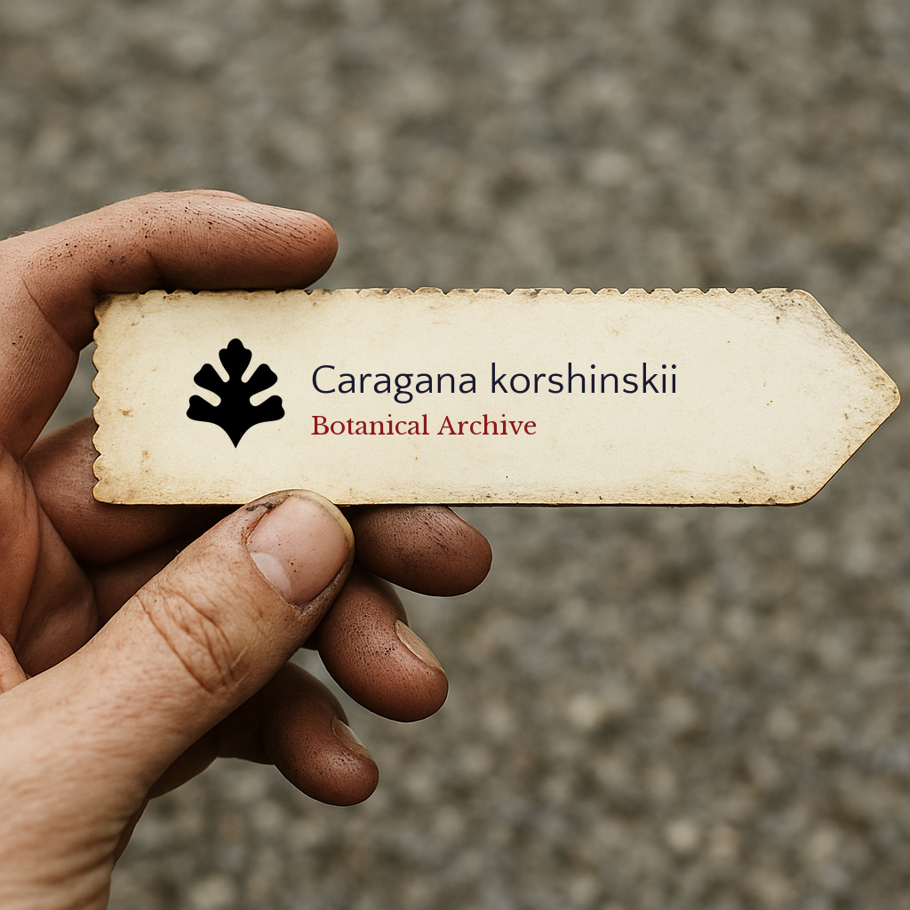 Etichetta stampata per pianta di Caragana korshinskii tenuta a mano con terra sulle dita