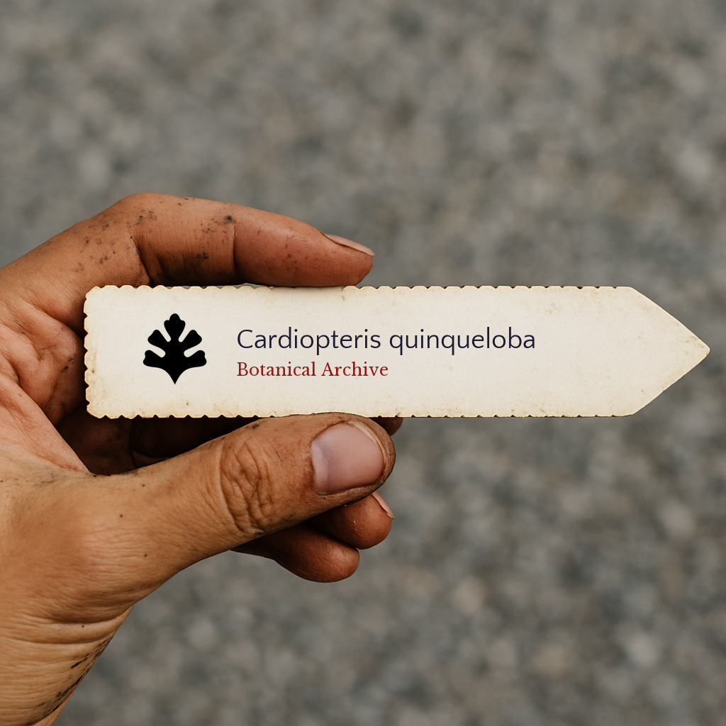 Printed plant label for Cardiopteris quinqueloba held by hand with dirt background