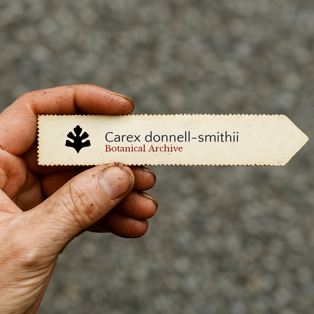 Etichetta stampata della pianta Carex donnell-smithii tenuta a mano con sfondo di terra