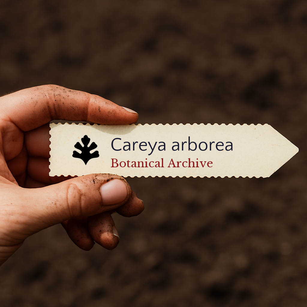 Etichetta stampata per pianta di Careya arborea tenuta da una mano sporca su sfondo di terreno