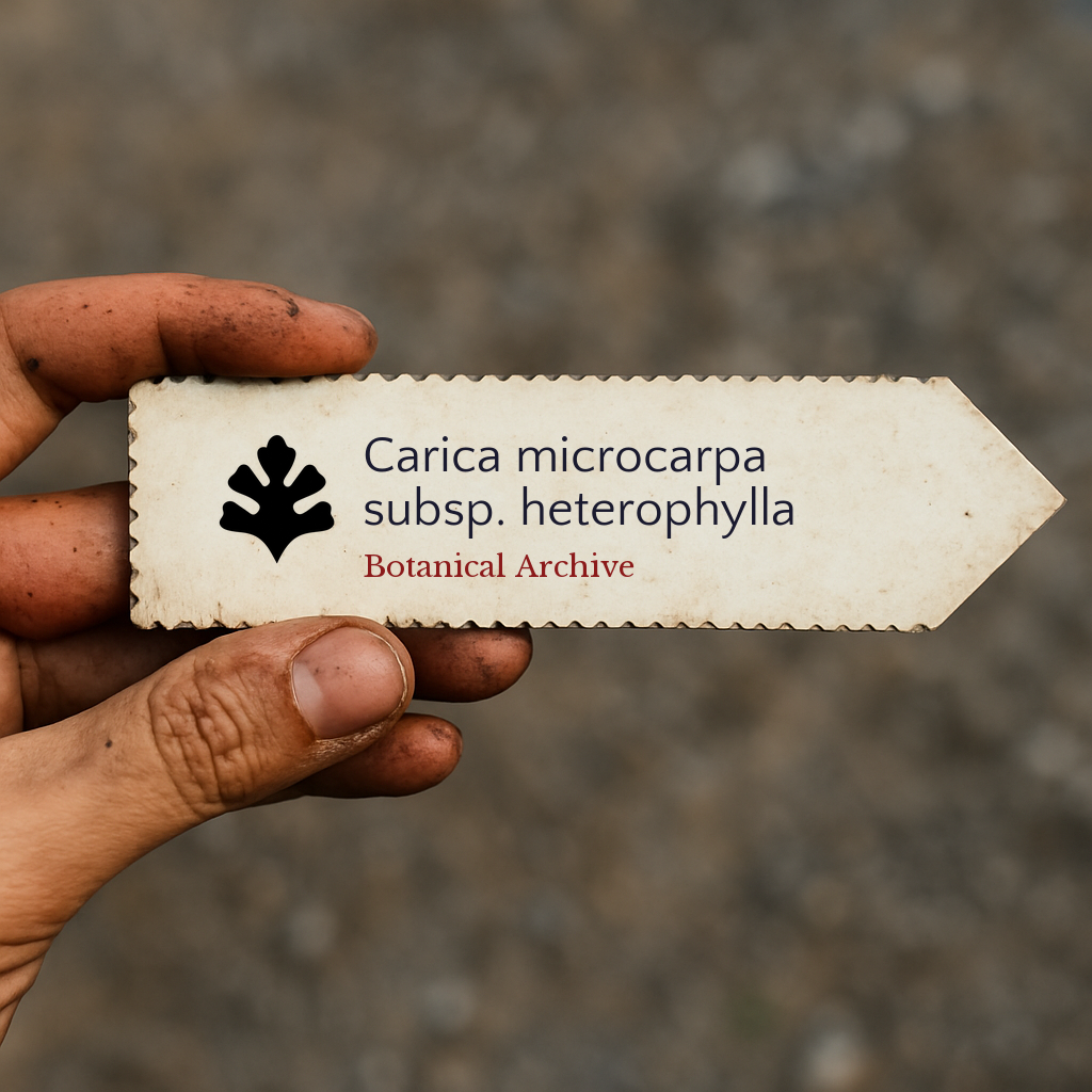 Etichetta stampata per pianta di Carica microcarpa subsp. heterophylla tenuta in mano all'aperto