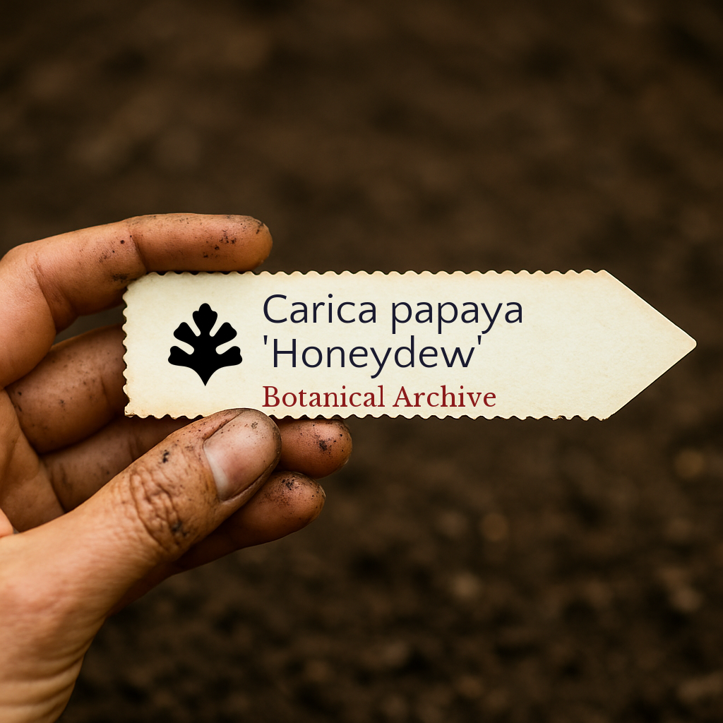 Printed plant label for Carica papaya 'Honeydew' held over soil background