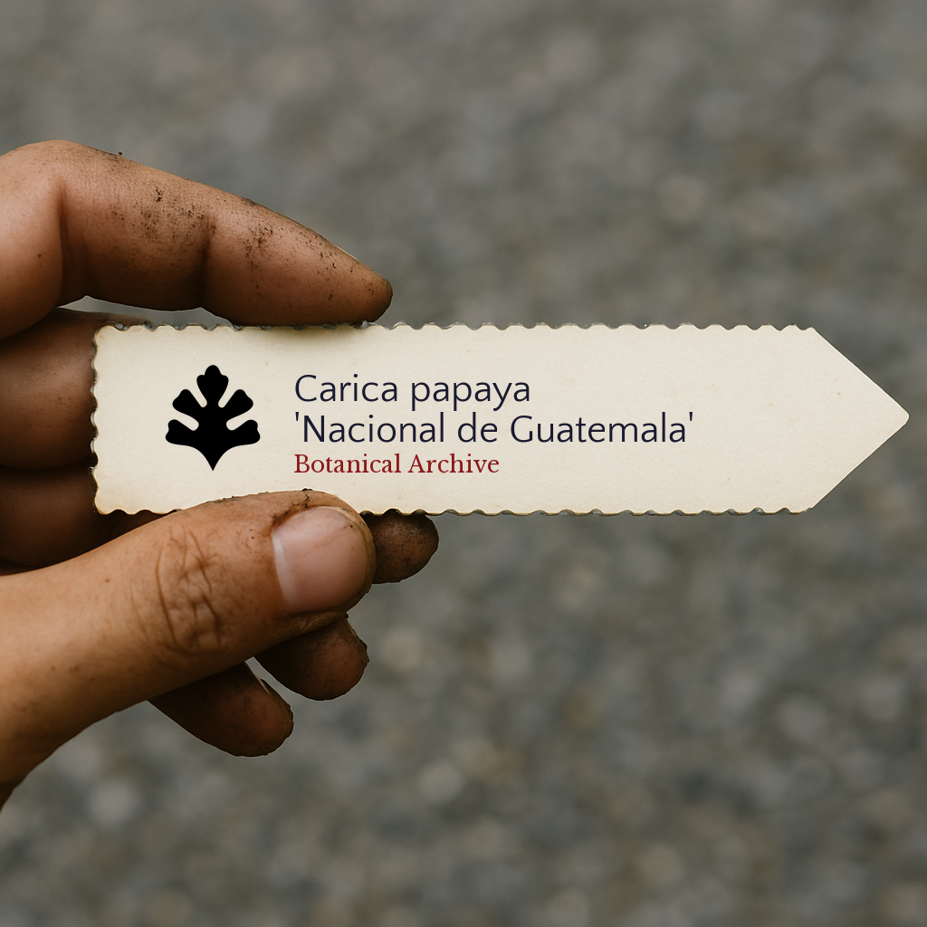 Etichetta per pianta stampata per Carica papaya 'Nacional de Guatemala' tenuta da una mano sporca all'aperto