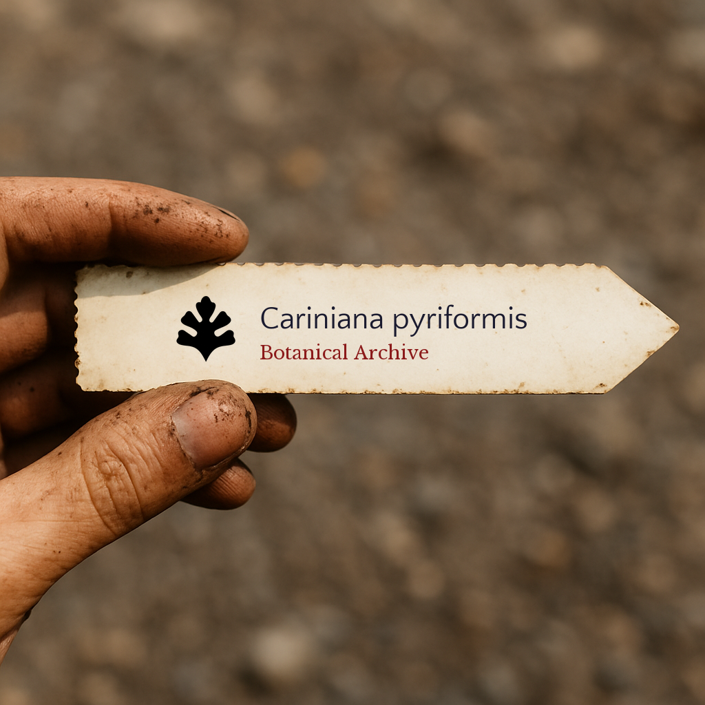 Printed plant label for Cariniana pyriformis held by dirty hand outdoors