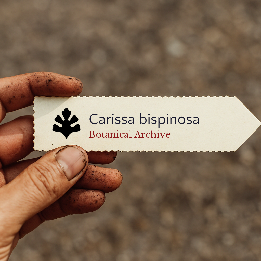 Etichetta stampata per pianta di Carissa bispinosa tenuta da mano sporca con sfondo sfocato di terreno