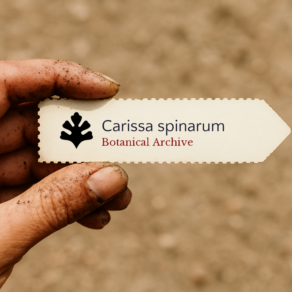 Printed plant label for Carissa spinarum held by dirty hand outdoors