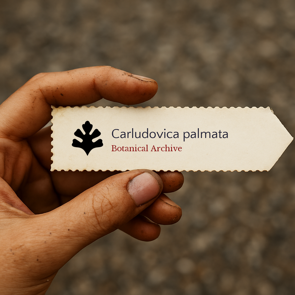 Printed plant label for Carludovica palmata held by hand with dirt background