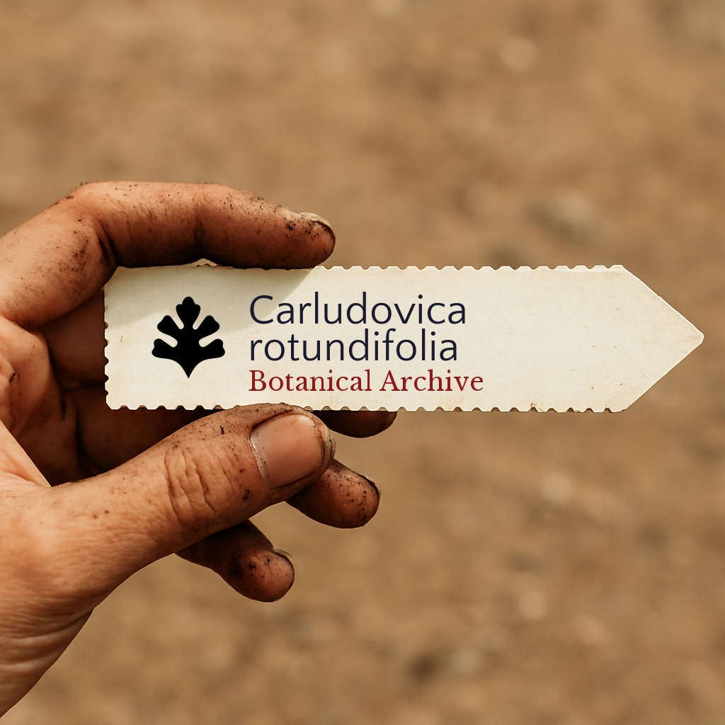 Printed plant label for Carludovica rotundifolia held by dirty hand outdoors
