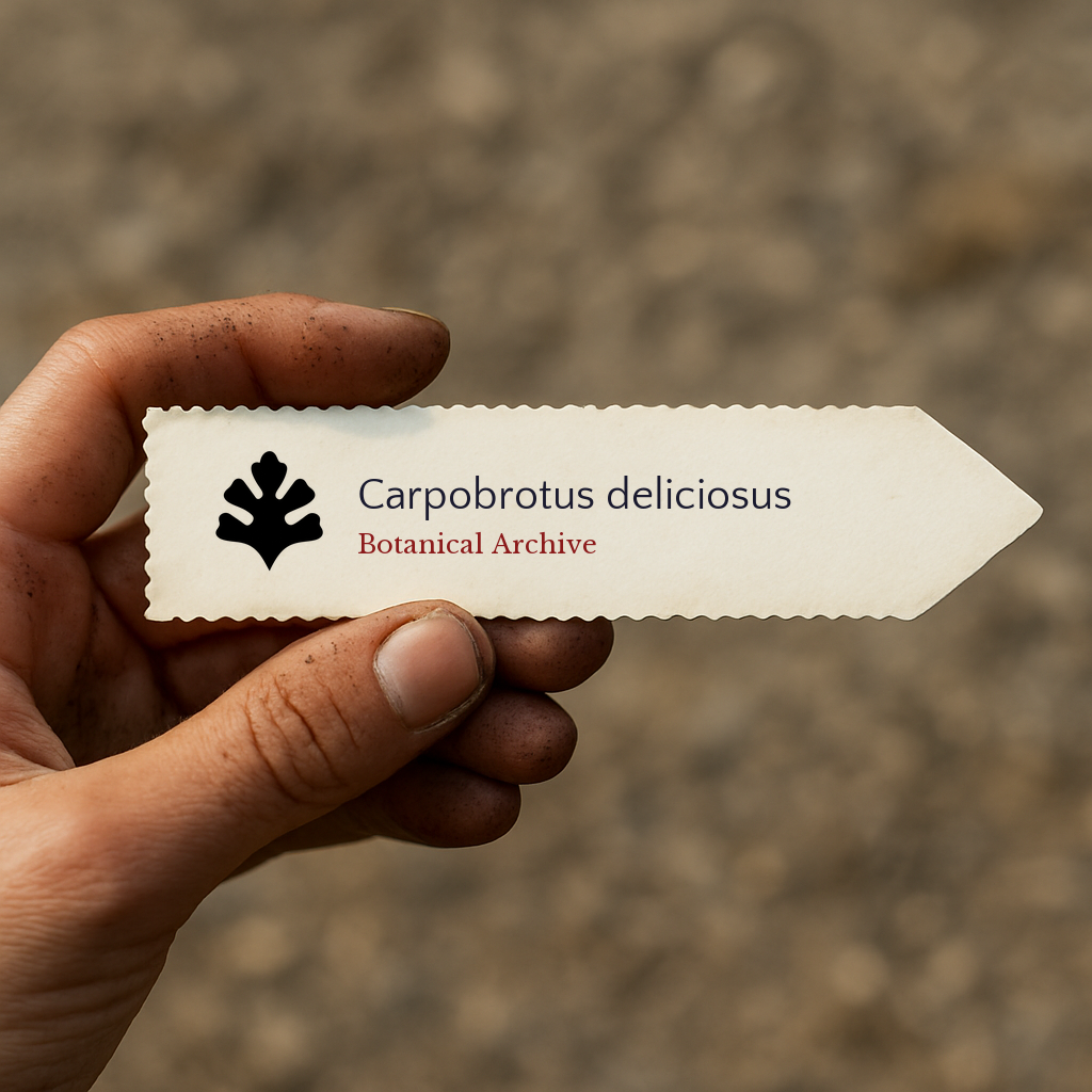 Printed plant label for Carpobrotus deliciosus held by hand with soil background