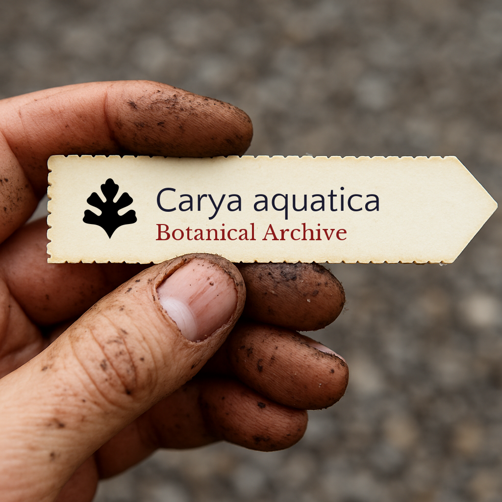 Etichetta per pianta stampata per Carya aquatica tenuta da mano sporca all'aperto