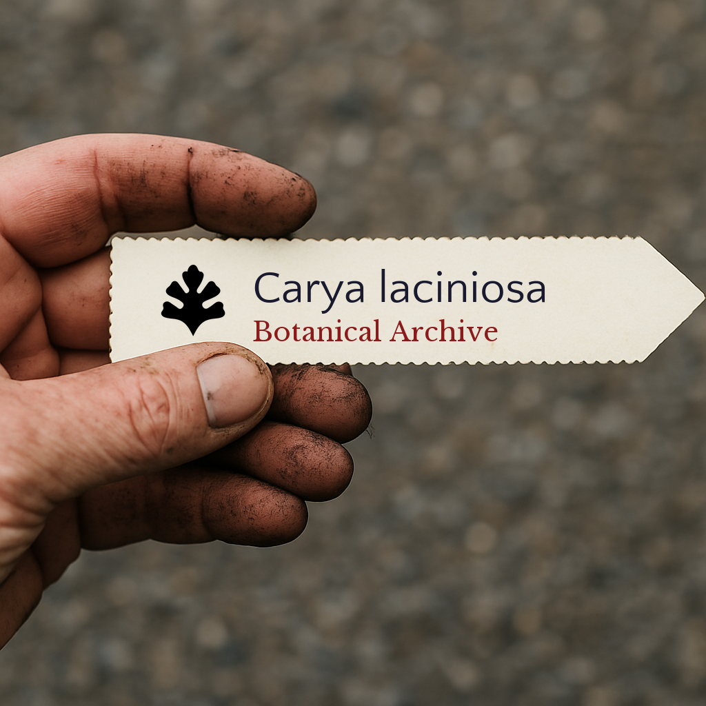 Printed plant label for Carya laciniosa held by dirty hand outdoors