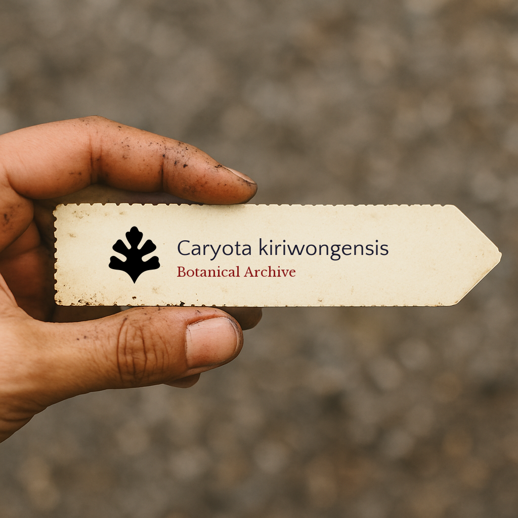 Printed plant label for Caryota kiriwongensis with botanical archive logo held in hand