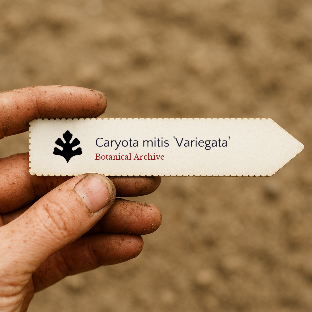 Printed plant label for Caryota mitis 'Variegata' held by dirty hand outdoors