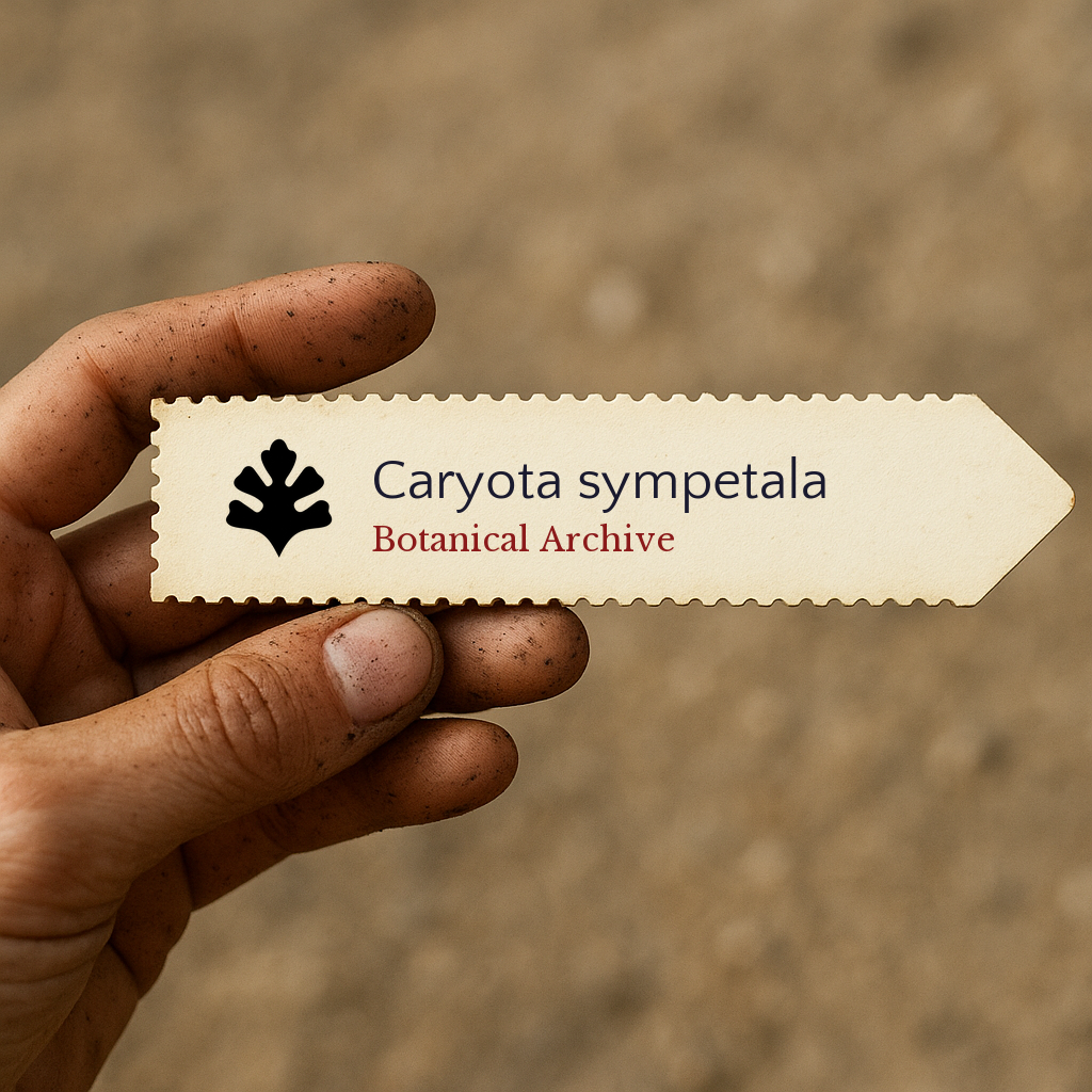 Printed plant label for Caryota sympetala held by dirty hand on blurred background