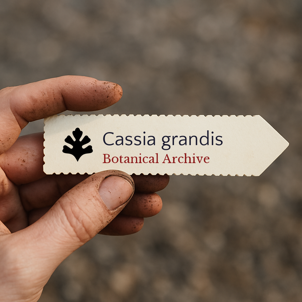 Printed plant label for Cassia grandis held by dirty hand with blurred background