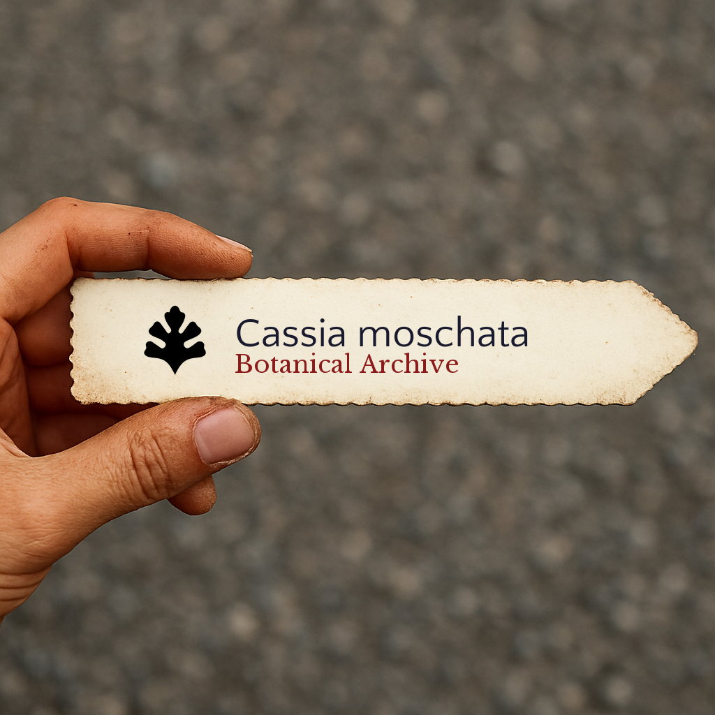 Printed plant label for Cassia moschata held by hand on textured background