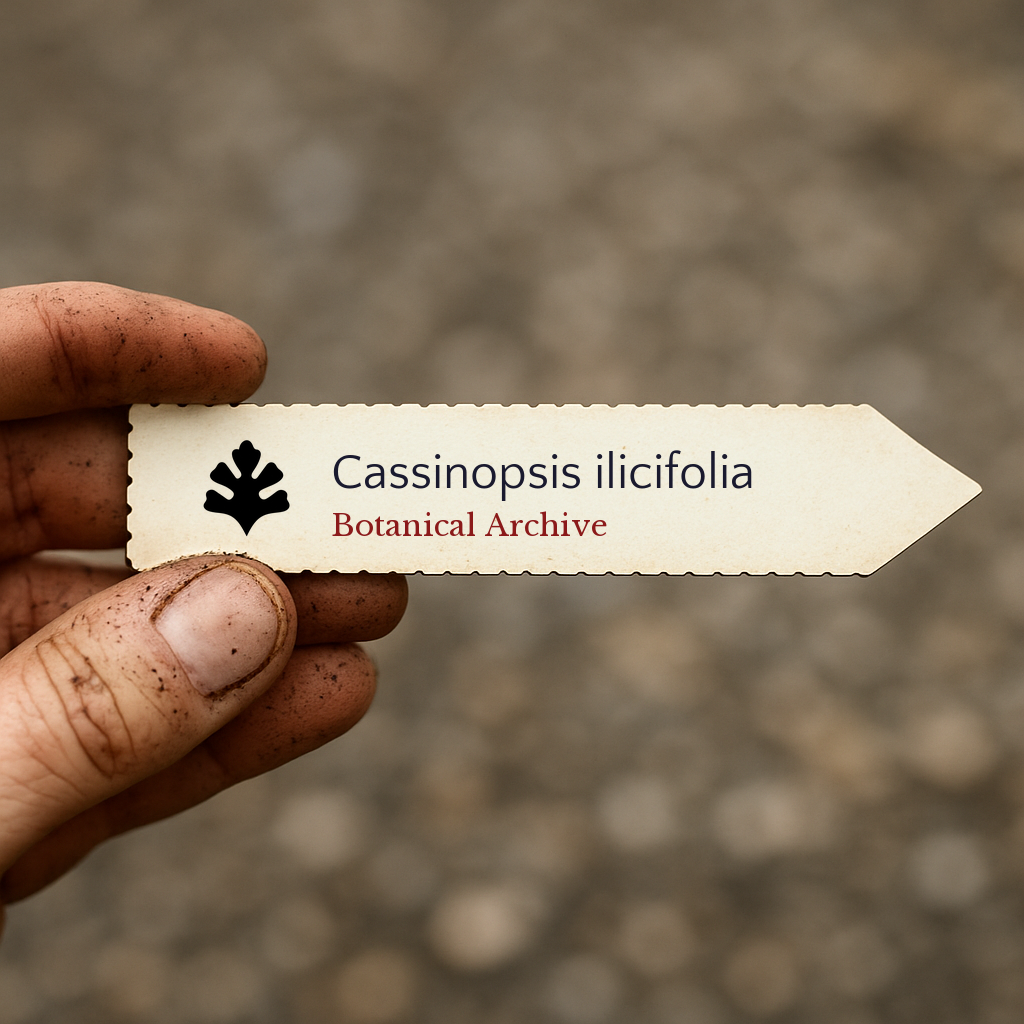 Printed plant label for Cassinopsis ilicifolia held by hand with soil-stained fingers