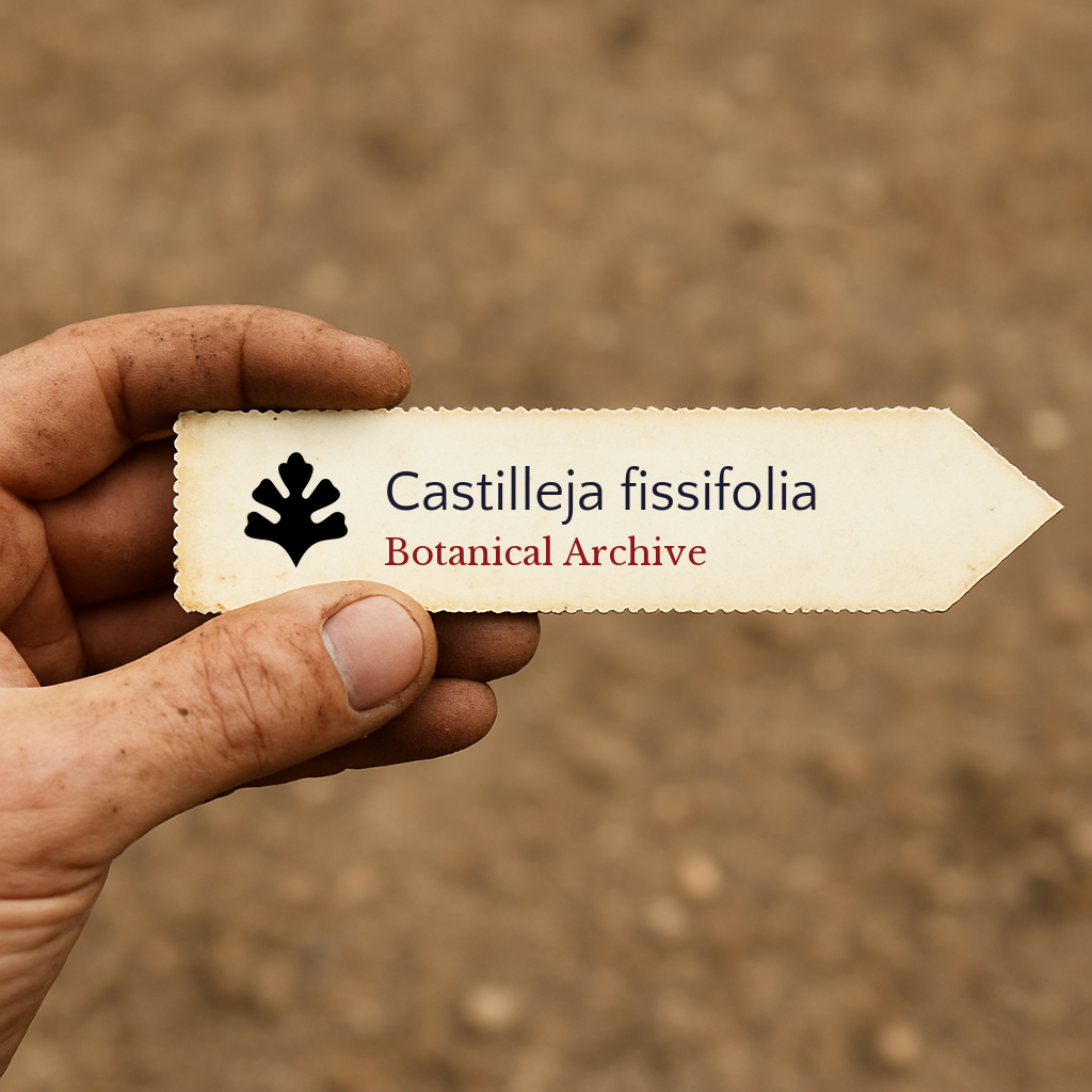 Printed plant label for Castilleja fissifolia held by hand over soil background