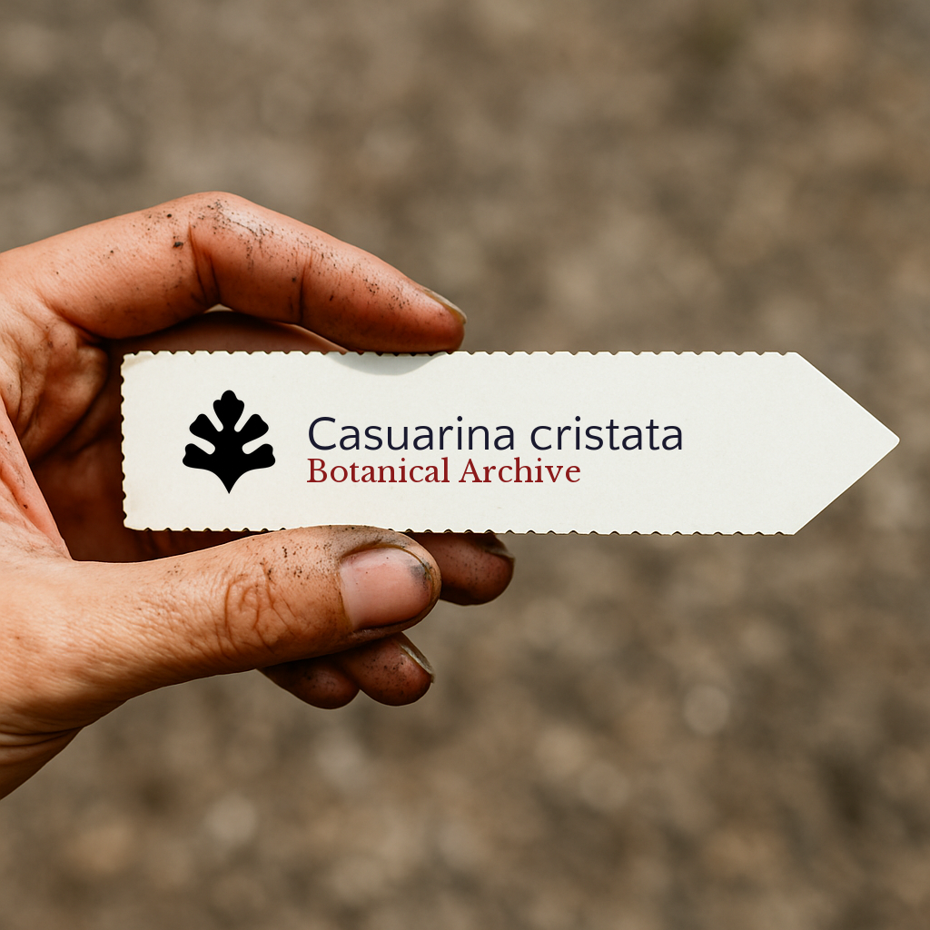 Etichetta per pianta di Casuarina cristata tenuta in mano con terra sulle dita
