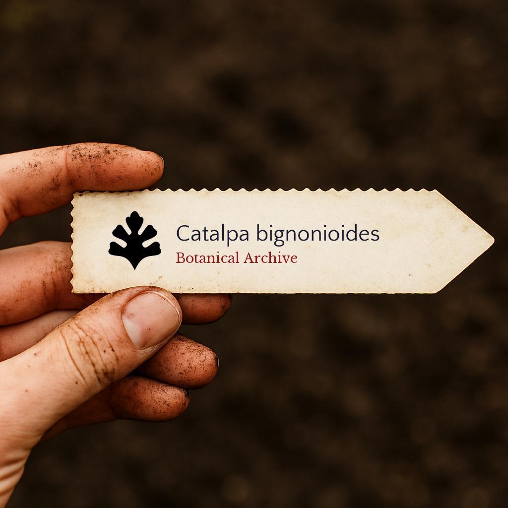 Etichetta stampata per pianta di Catalpa bignonioides tenuta da mano sporca su sfondo di terreno