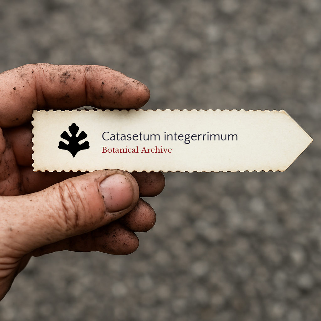 Printed plant label for Catasetum integerrimum held by dirty hand outdoors