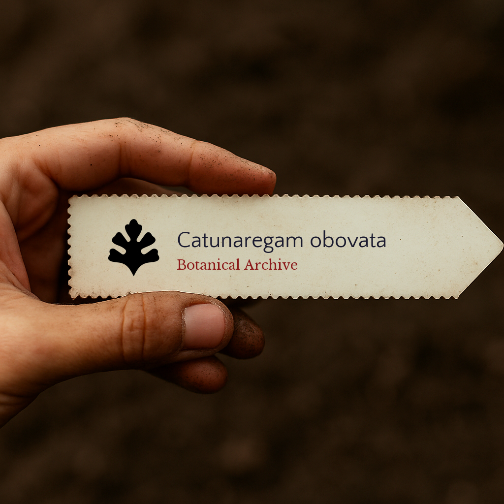Printed plant label for Catunaregam obovata held by hand with soil background