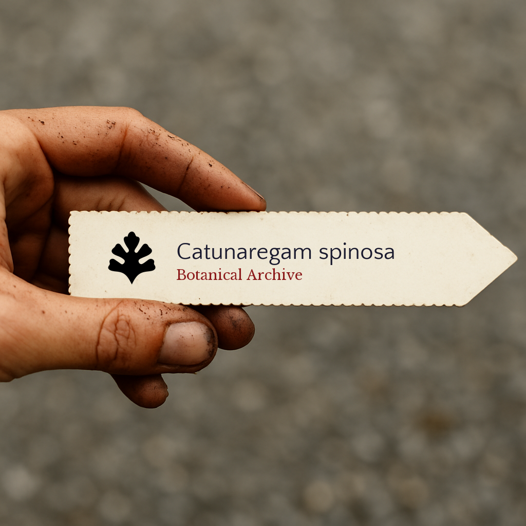 Printed plant label for Catunaregam spinosa held by dirty hand outdoors
