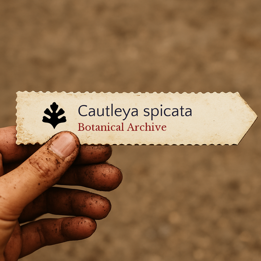 Etichetta stampata per pianta di Cautleya spicata tenuta da una mano sporca con sfondo sfocato di terreno