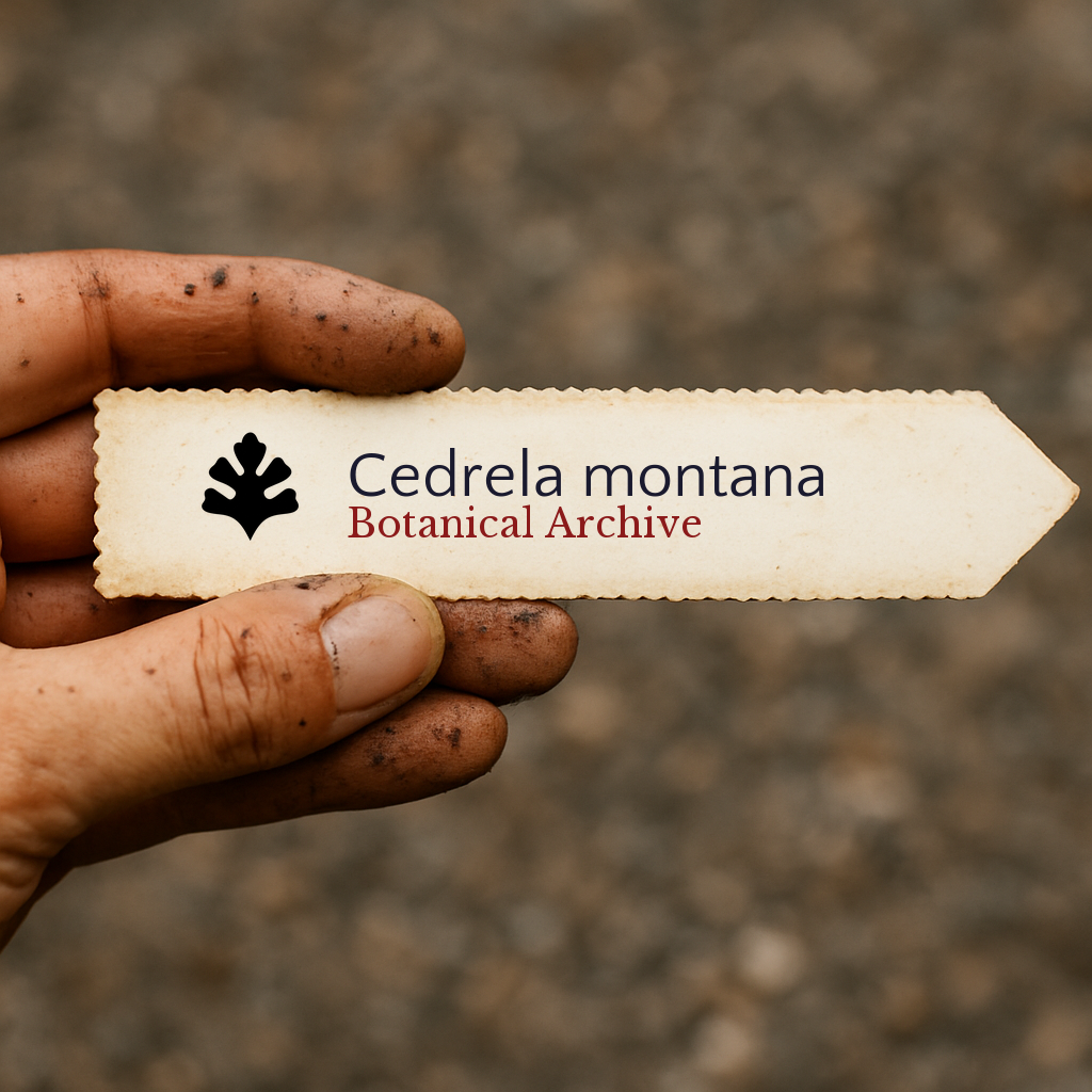 Etichetta per pianta stampata per Cedrela montana tenuta da mano sporca su sfondo sfocato