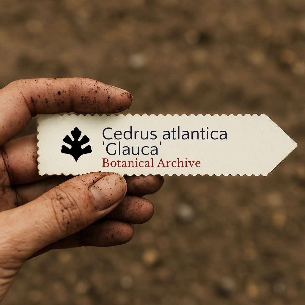 Etichetta per pianta stampata per Cedrus atlantica 'Glauca' tenuta da mano sporca su sfondo di terreno