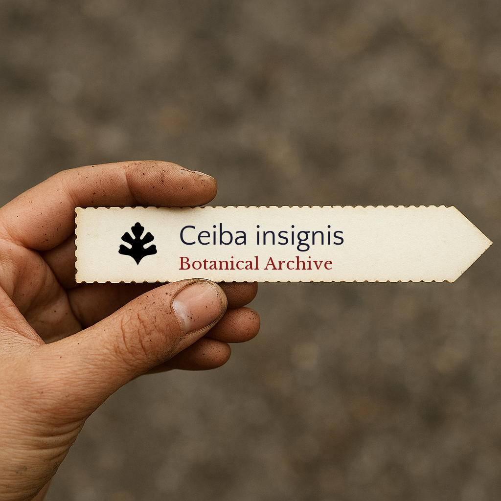 Printed plant label for Ceiba insignis with botanical archive logo held by hand