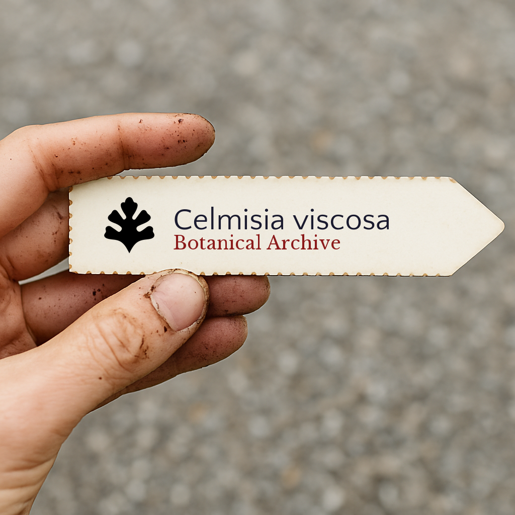 Etichetta stampata della pianta per Celmisia viscosa tenuta da una mano sporca di terra all'aperto