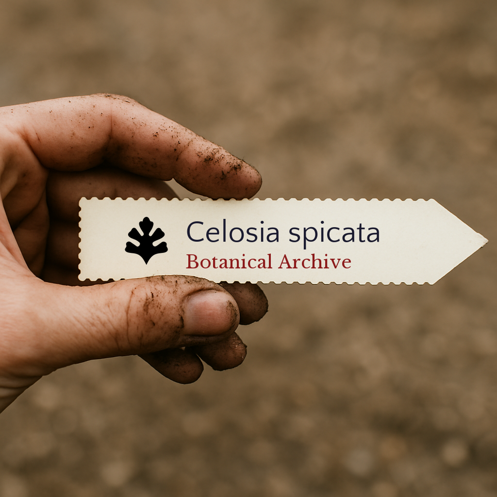 Printed plant label for Celosia spicata held by dirty hand against soil background