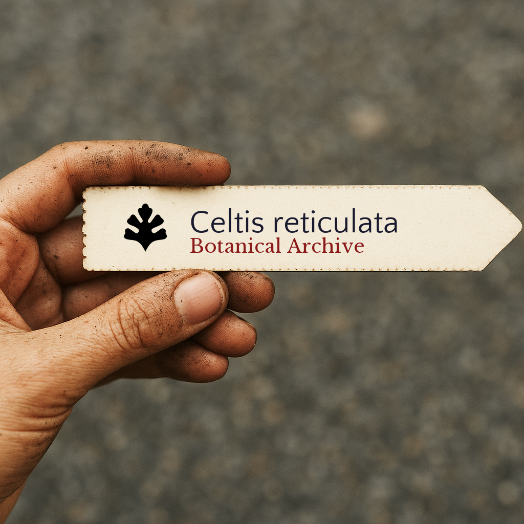 Printed plant label for Celtis reticulata held by a hand with dirt background