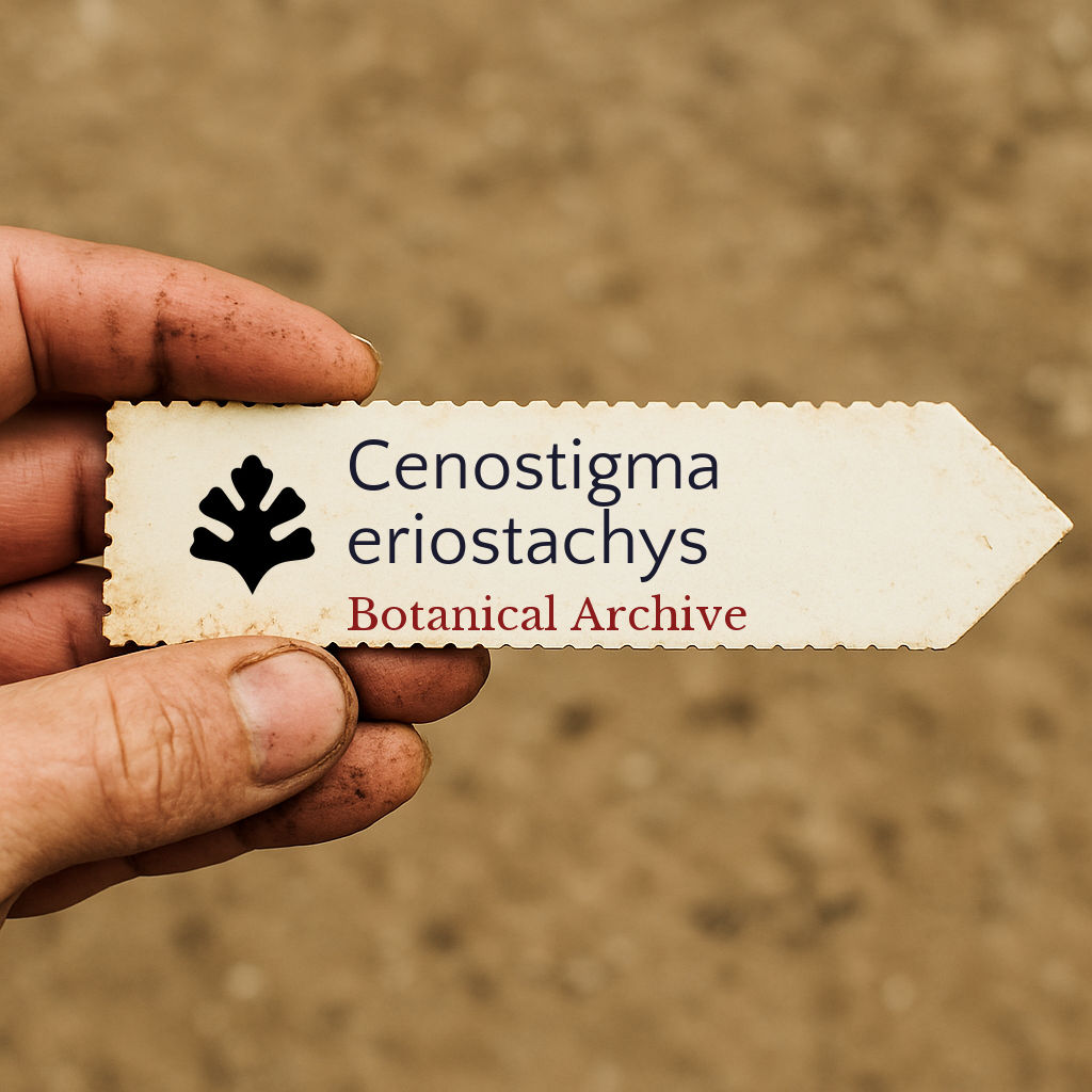 Etichetta per pianta stampata di Cenostigma eriostachys tenuta a mano con sfondo di terreno