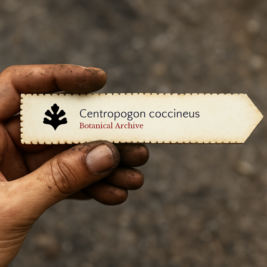 Etichetta per pianta stampata per Centropogon coccineus tenuta da giardiniere con mani sporche
