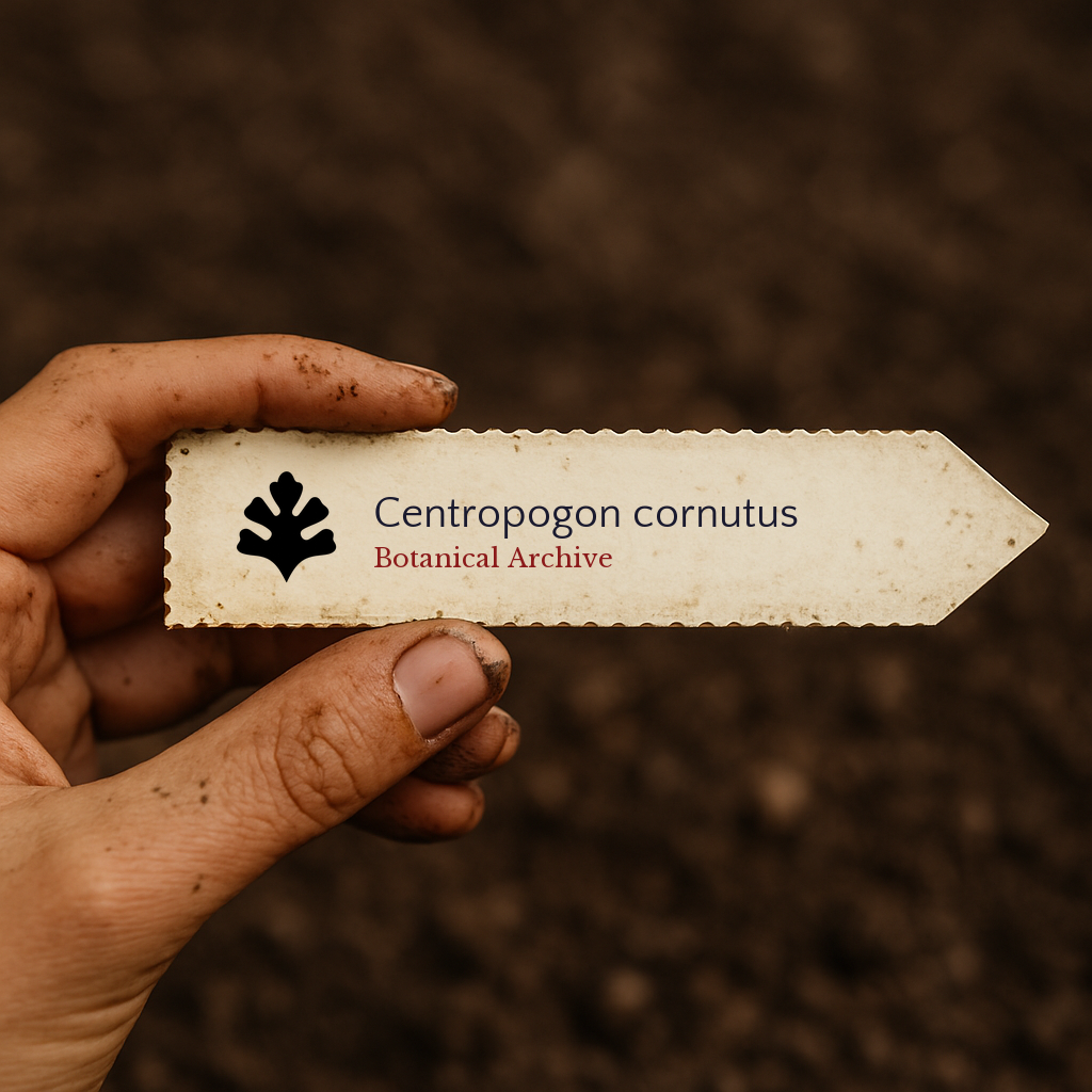 Etichetta vegetale stampata per Centropogon cornutus su sfondo di terreno