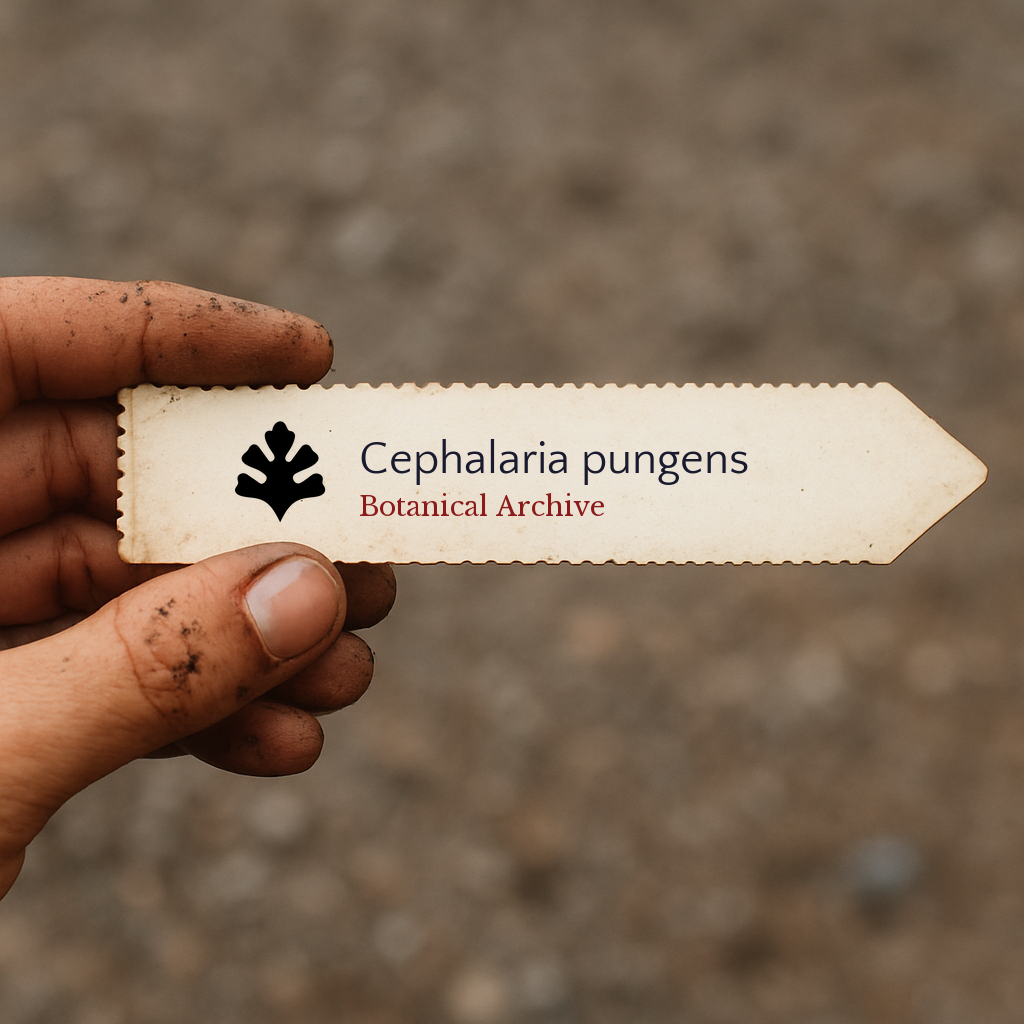 Printed plant label for Cephalaria pungens held by dirty hand outdoors