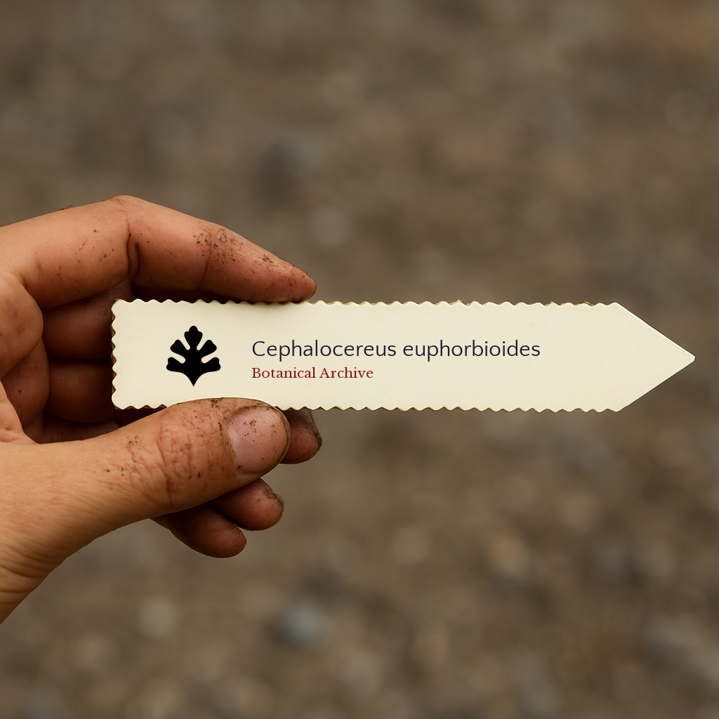Printed plant label for Cephalocereus euphorbioides held by dirty hand outdoors