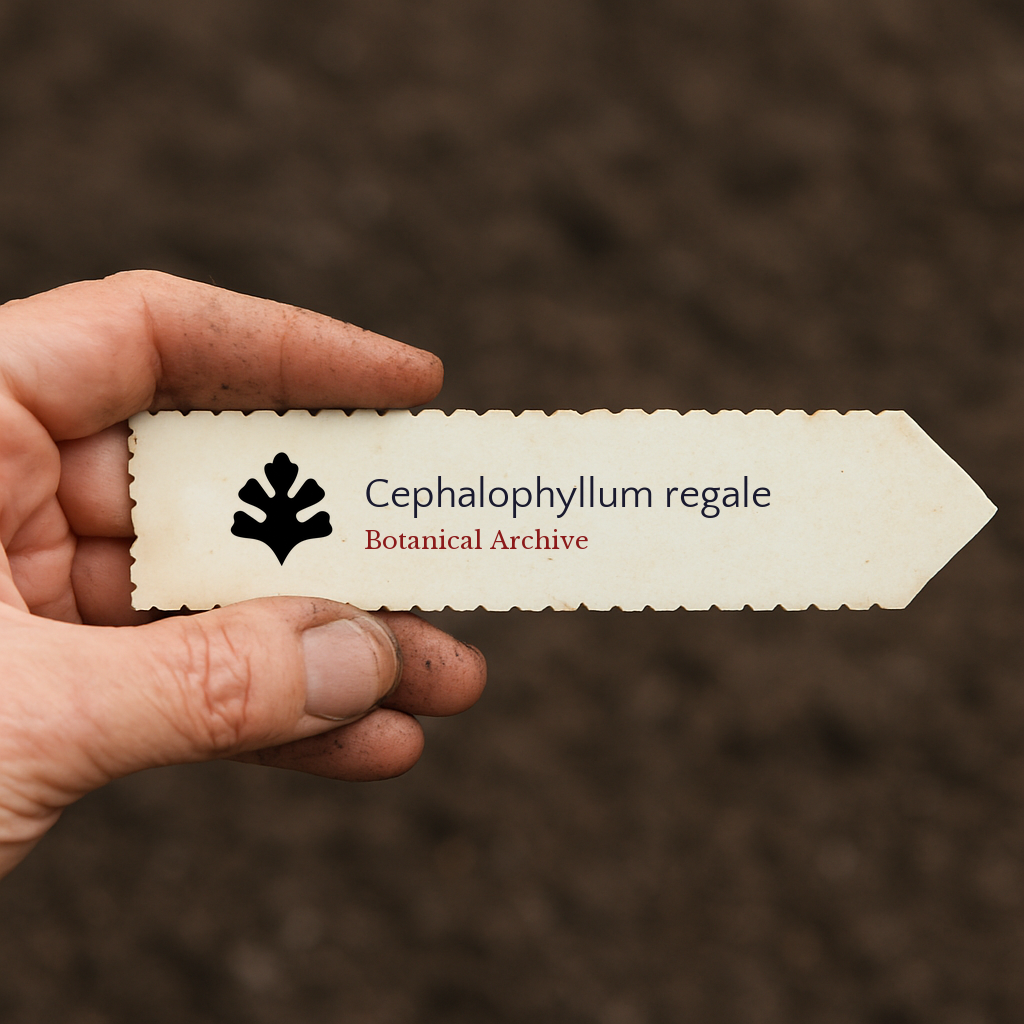 Etichetta stampata per pianta di Cephalophyllum regale tenuta a mano su sfondo di terreno