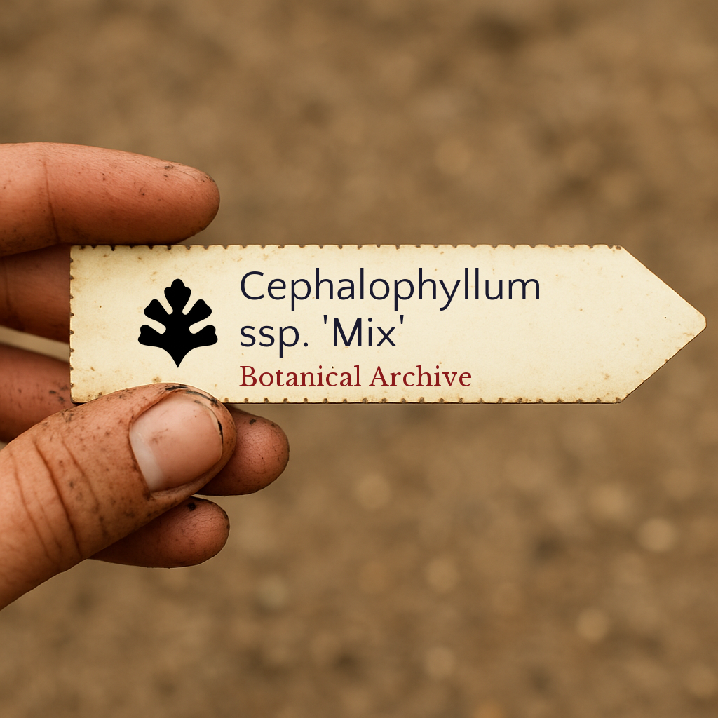 Etichetta stampata per pianta di Cephalophyllum ssp. 'Mix' tenuta da una mano sporca all'aperto