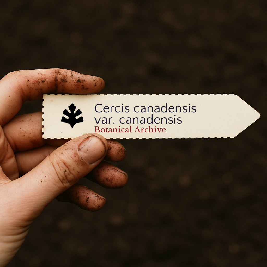 Printed plant label for Cercis canadensis var. canadensis held by dirty hand over soil background
